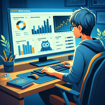 a teenager who analyses the performance of his affiliation marketing campaigns on a computer