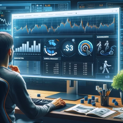 a person in front of a computer screen, carefully examining his e-sport betting budget