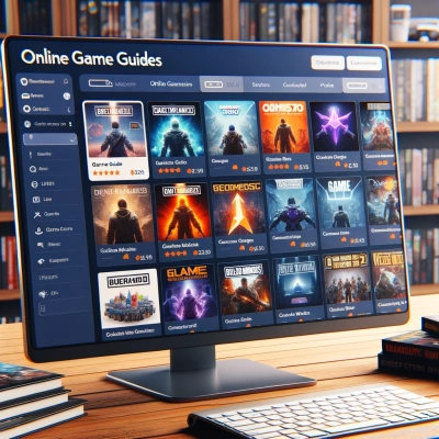 a well-organised workspace with a computer screen displaying a complete game guide