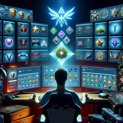 a player concentrated in a game installation, surrounded by screens displaying a rich collection of rare virtual objects
