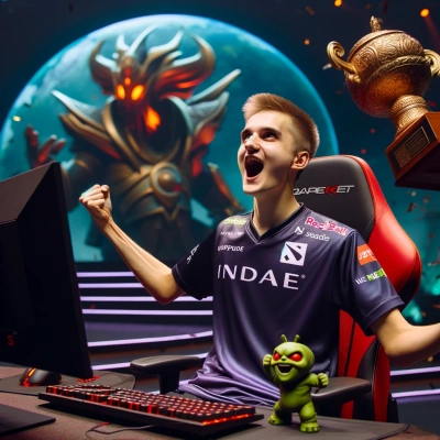 a professional 'Dota 2' player celebrating a victory