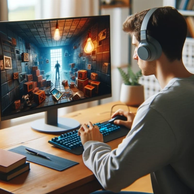 A person is deeply involved in a virtual escape game on their home computer.