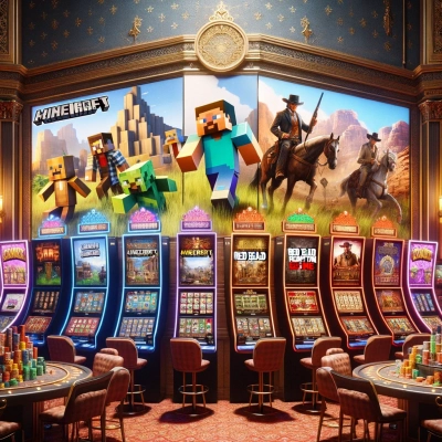 screens displaying slot machines and table games on the theme of Minecraft, Red Dead Redemption and others