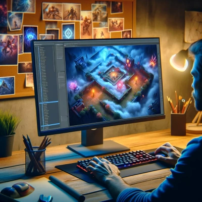 a games developer who designs a competitive video game level on a computer