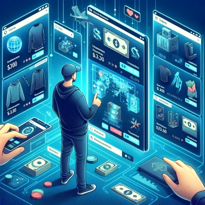 a user browsing a digital commerce platform, filled with various virtual items for sale