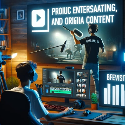 A player is shown creating high-quality content in a home studio equipped with video recording and editing equipment.