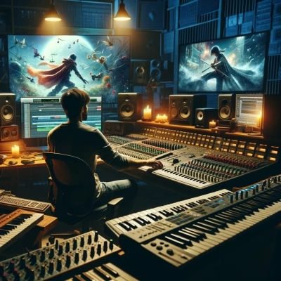 A player immersed in a video game, wearing headphones and enjoying immersive music and sound effects.
