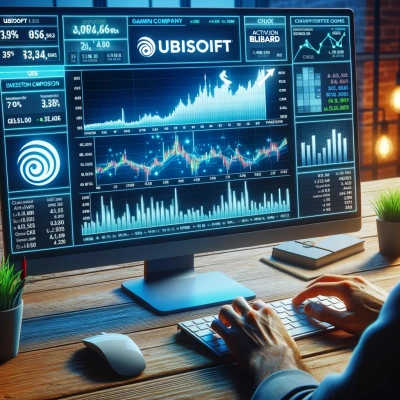 a lively trading floor with screens displaying the shares of major games companies such as Ubisoft and Activision Blizzard