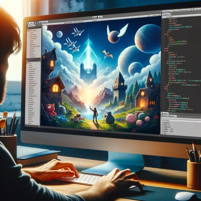 A developer using Unity software, creating a game for different platforms